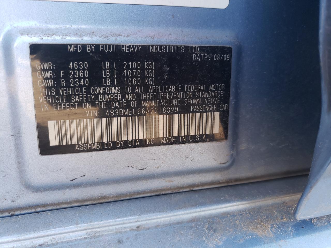 Photo 10 from auction – 2010 SUBARU LEGACY 3.6 with VIN 4S3BMEL66A2218329