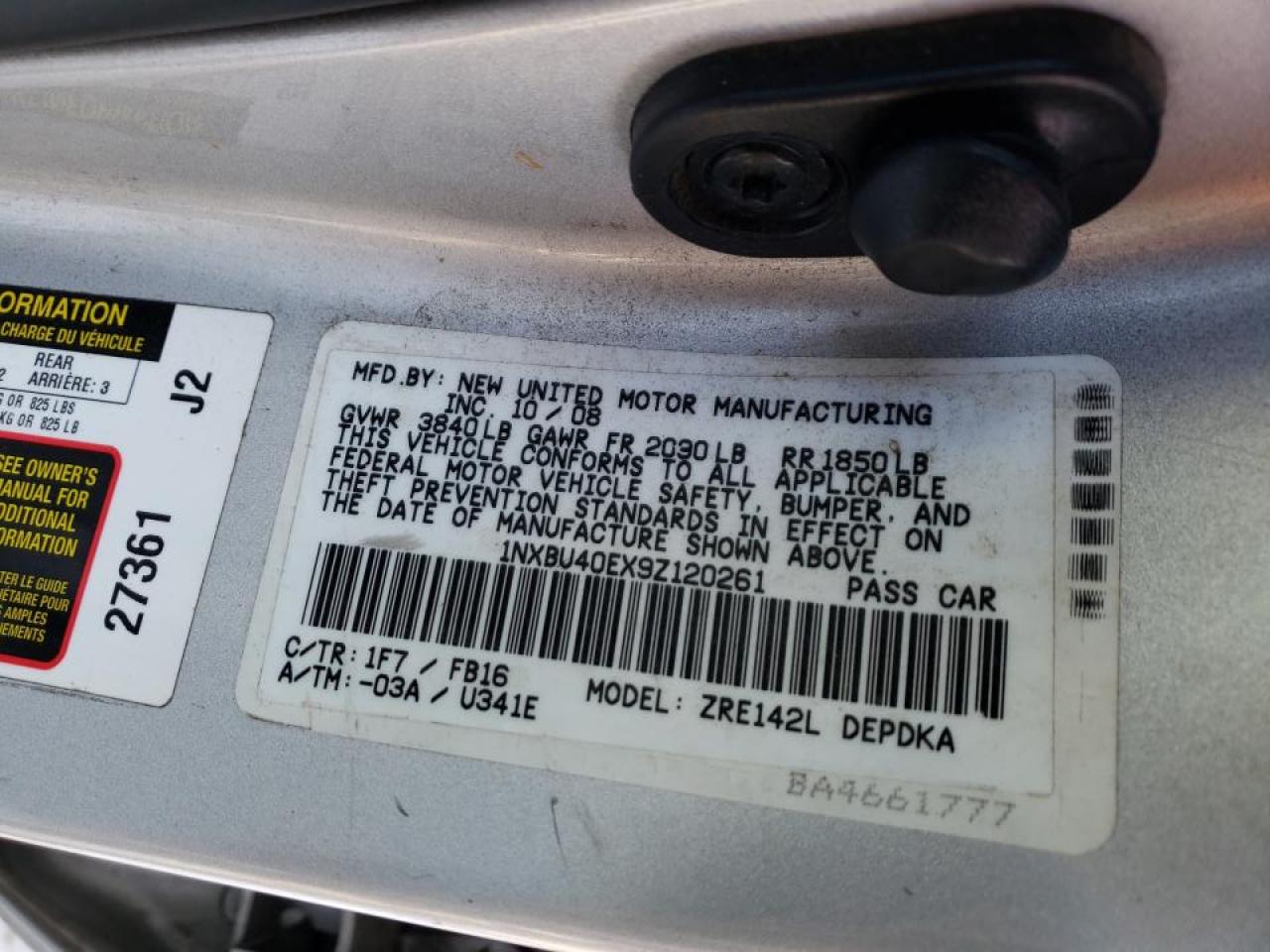 Photo 10 from auction – 2009 TOYOTA COROLLA BA with VIN 1NXBU40EX9Z120261