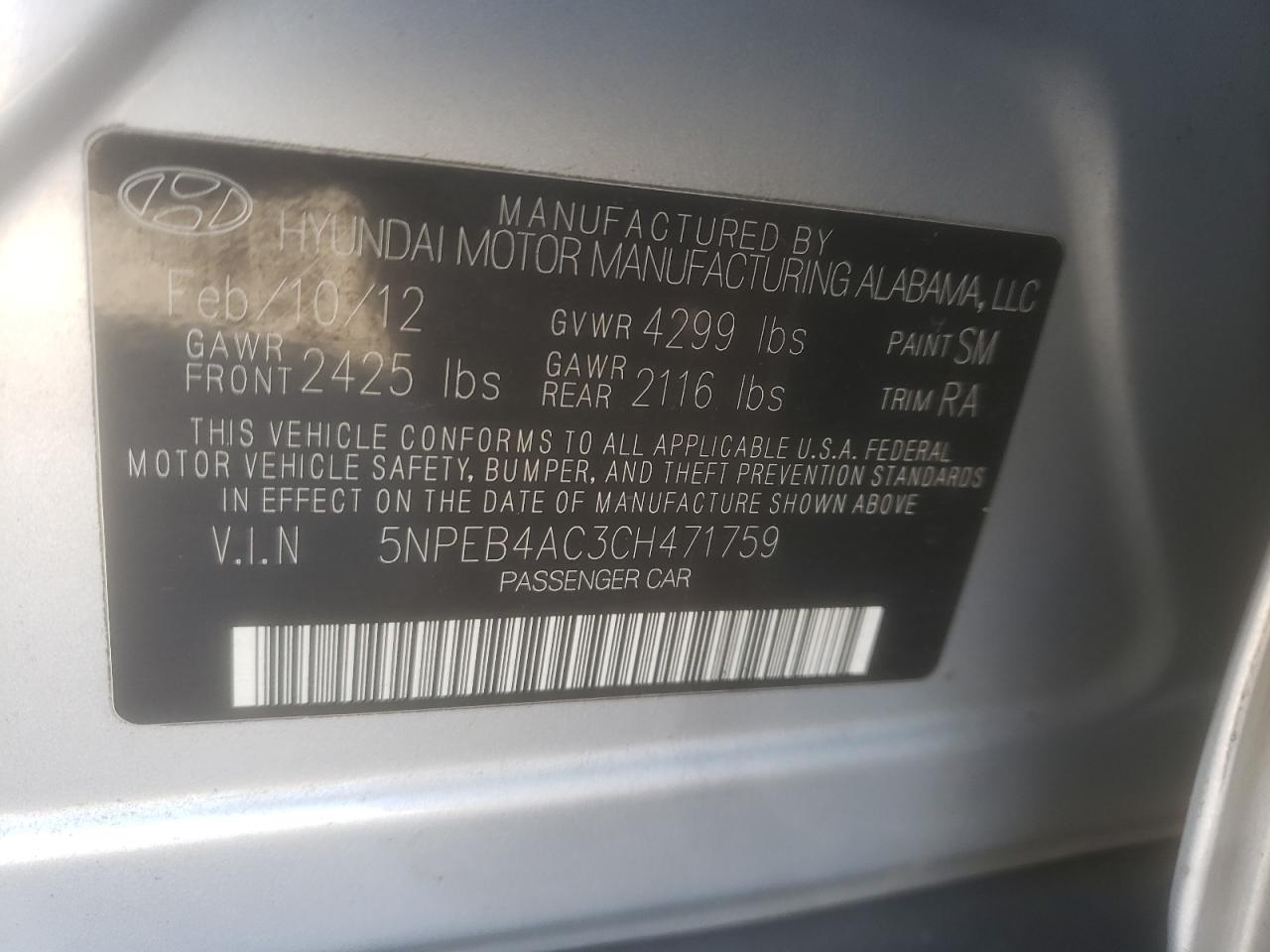 Photo 10 from auction – 2012 HYUNDAI SONATA GLS with VIN 5NPEB4AC3CH471759