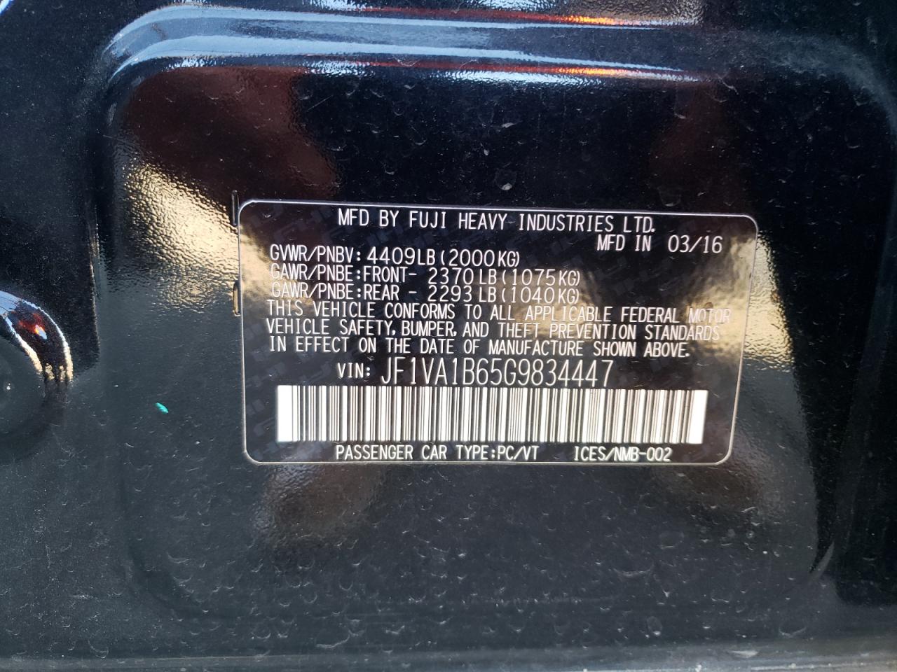 Photo 10 from auction – 2016 SUBARU WRX with VIN JF1VA1B65G9834447