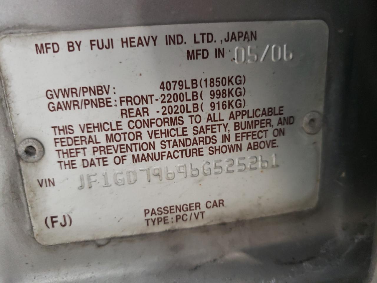 Photo 10 from auction – 2006 SUBARU IMPREZA WR with VIN JF1GD79696G525261