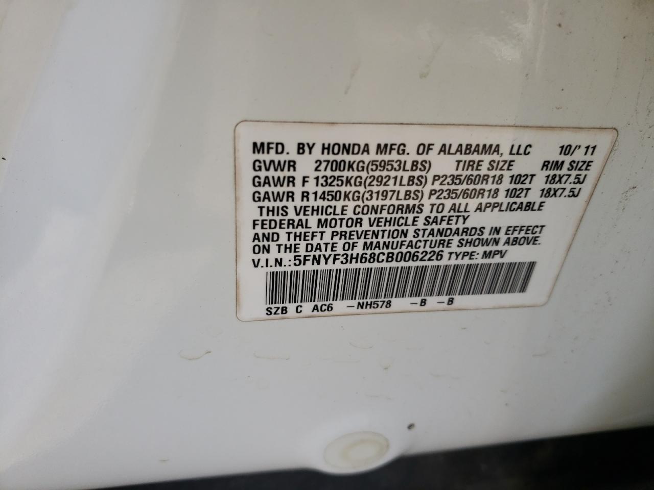 Photo 10 from auction – 2012 HONDA PILOT EXL with VIN 5FNYF3H68CB006226