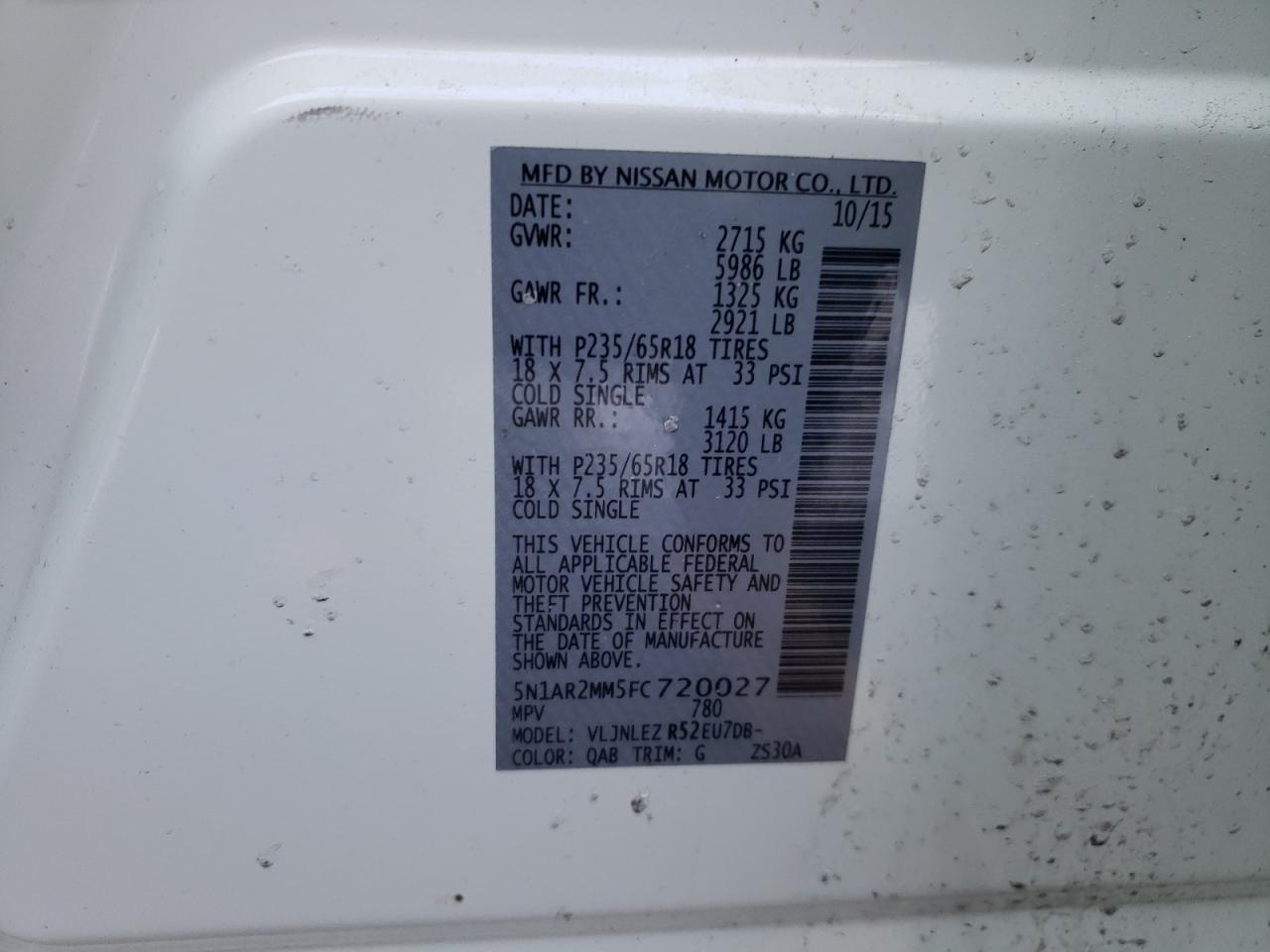 Photo 10 from auction – 2015 NISSAN PATHFINDER with VIN 5N1AR2MM5FC720027