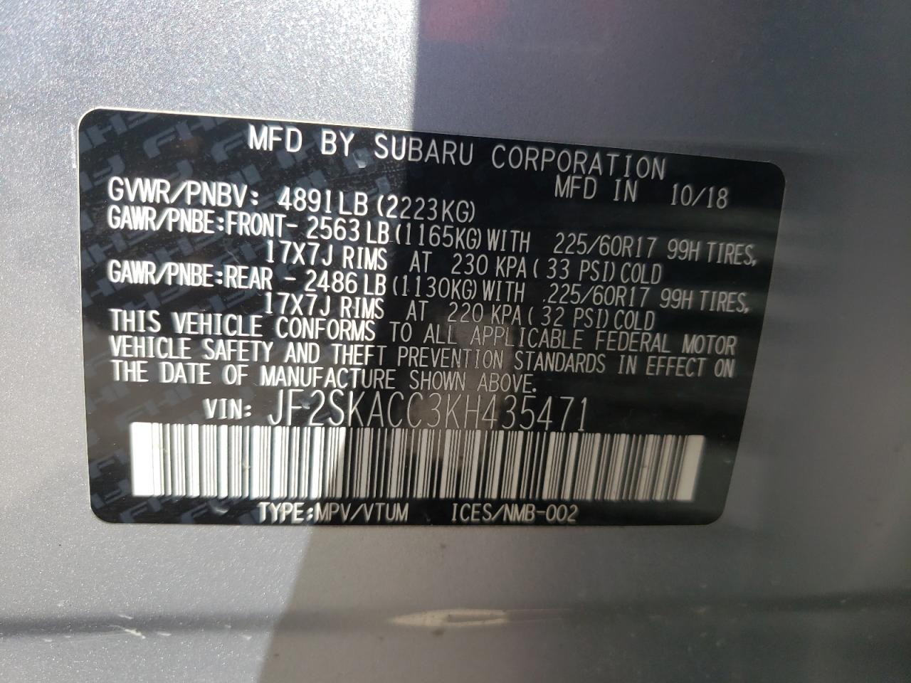 Photo 10 from auction – 2019 SUBARU FORESTER with VIN JF2SKACC3KH435471