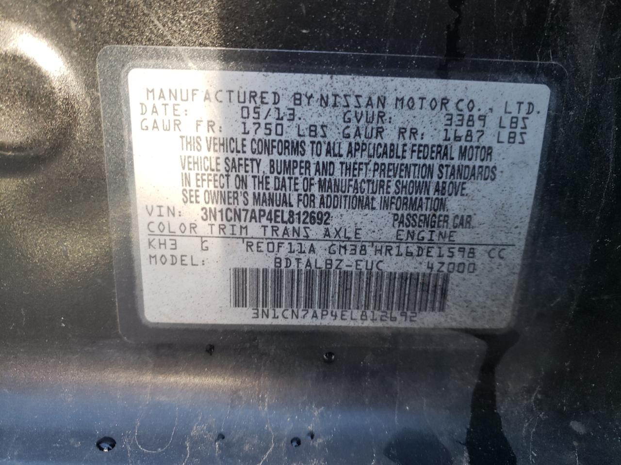 Photo 10 from auction – 2014 NISSAN VERSA S with VIN 3N1CN7AP4EL812692
