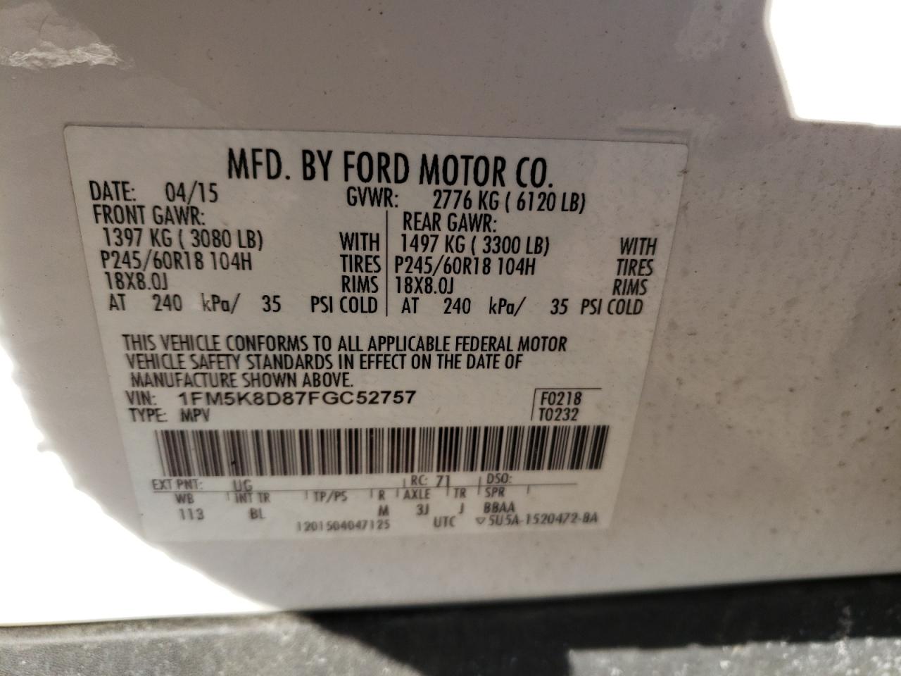 Photo 10 from auction – 2015 FORD EXPLORER X with VIN 1FM5K8D87FGC52757