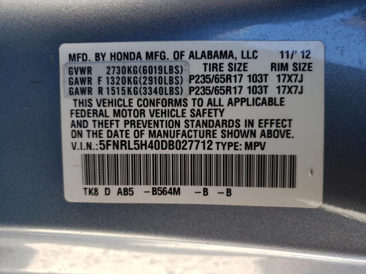 Photo 10 from auction – 2013 HONDA ODYSSEY EX with VIN 5FNRL5H40DB027712