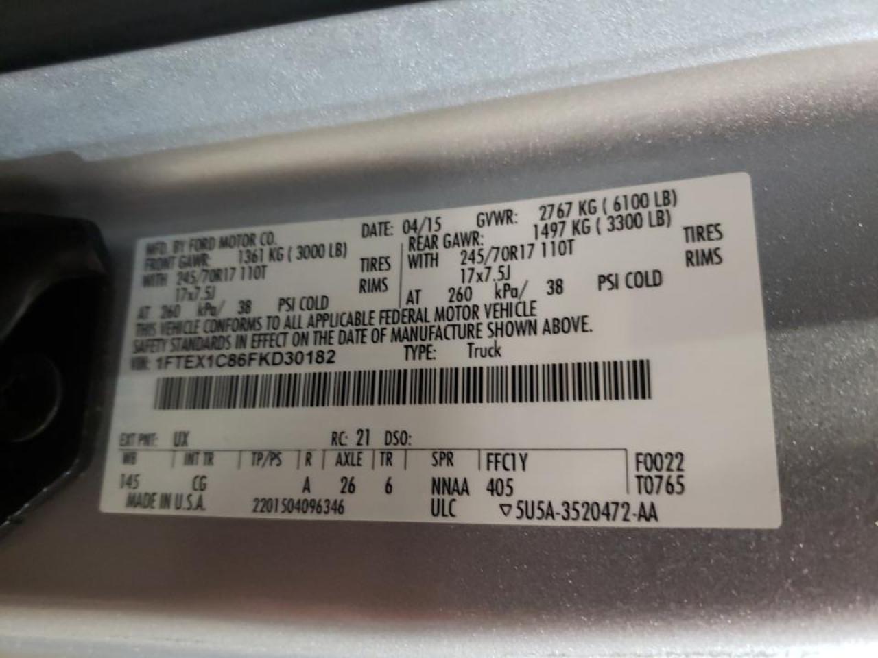 Photo 10 from auction – 2015 FORD F150 SUPER with VIN 1FTEX1C86FKD30182