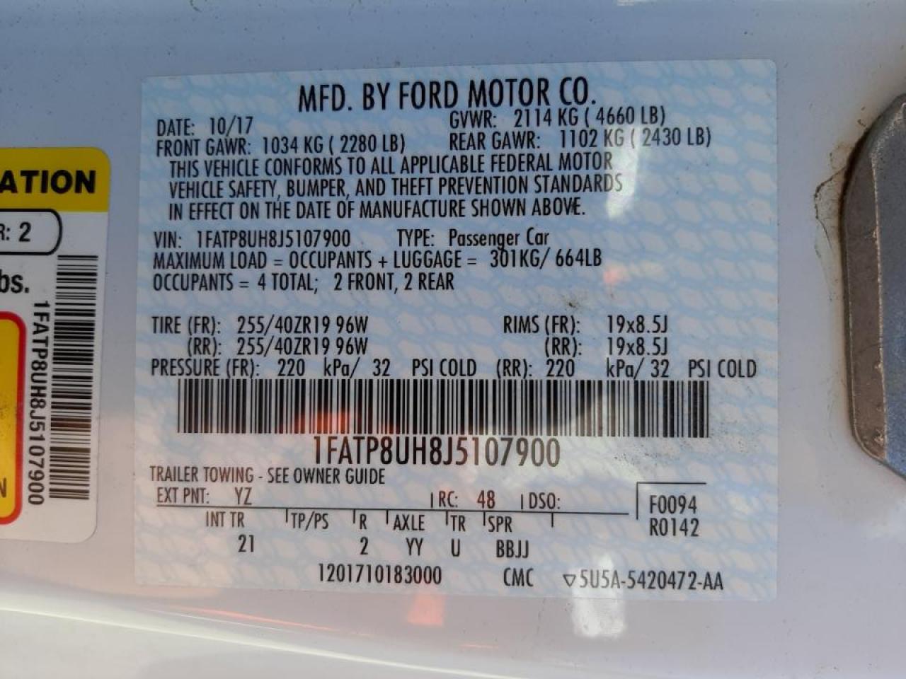 Photo 10 from auction – 2018 FORD MUSTANG with VIN 1FATP8UH8J5107900