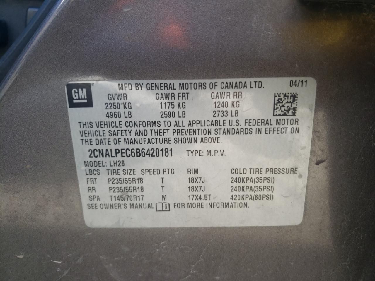 Photo 10 from auction – 2011 CHEVROLET EQUINOX LT with VIN 2CNALPEC6B6420181