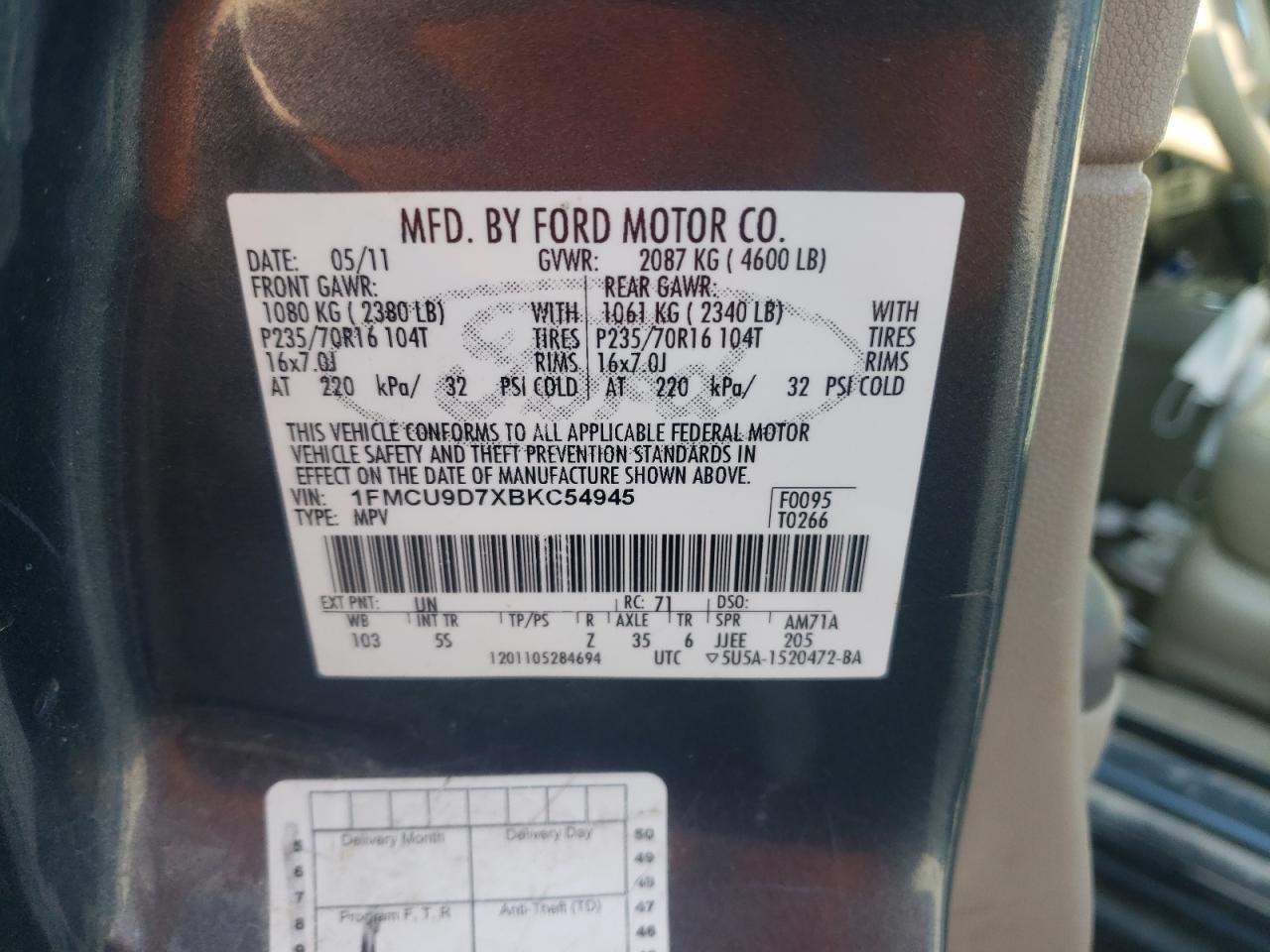 Photo 10 from auction – 2011 FORD ESCAPE XLT with VIN 1FMCU9D7XBKC54945