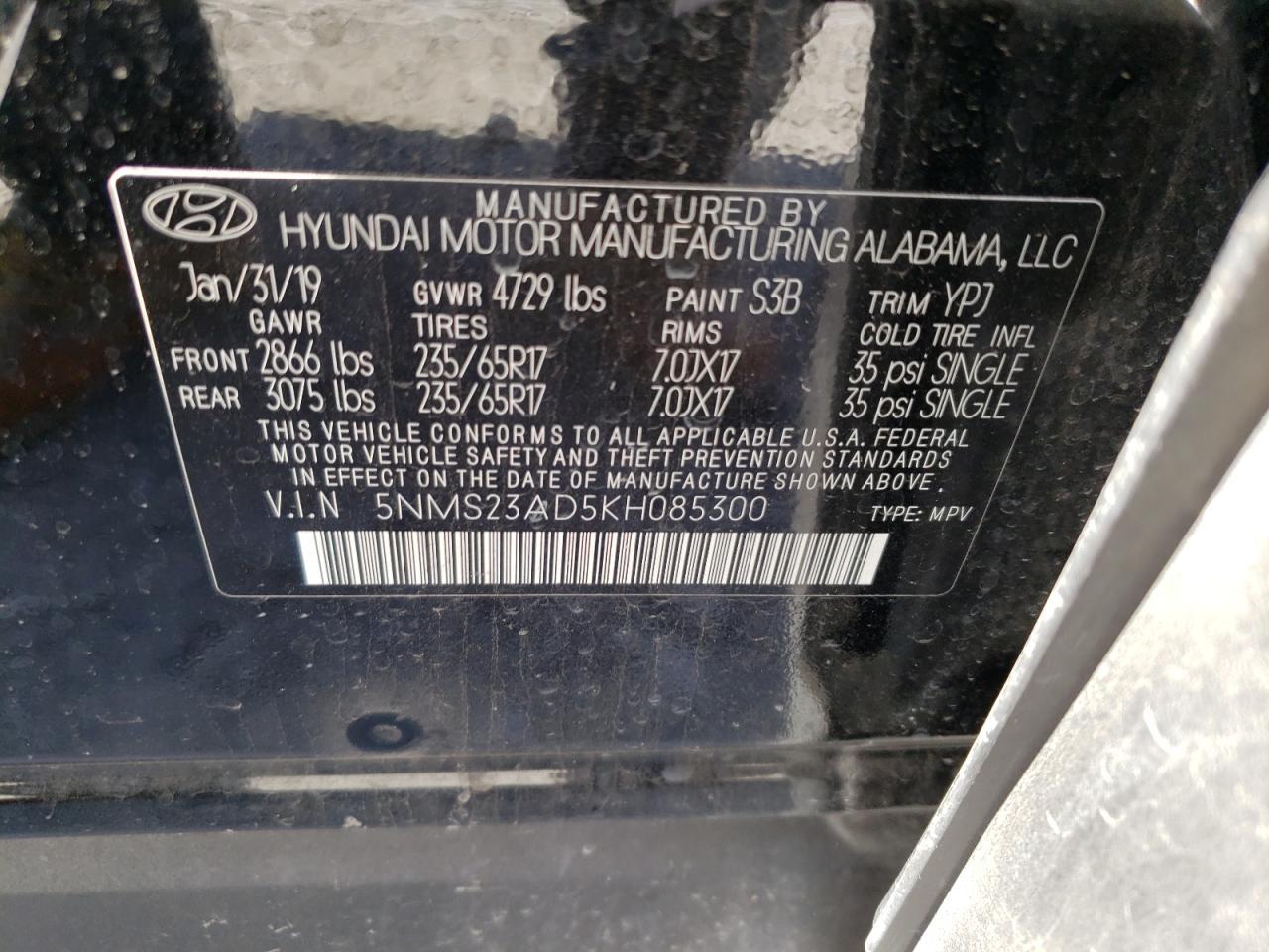 Photo 10 from auction – 2019 HYUNDAI SANTA FE S with VIN 5NMS23AD5KH085300