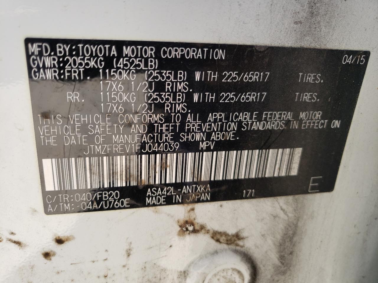 Photo 10 from auction – 2015 TOYOTA RAV4 LE with VIN JTMZFREV1FJ044039