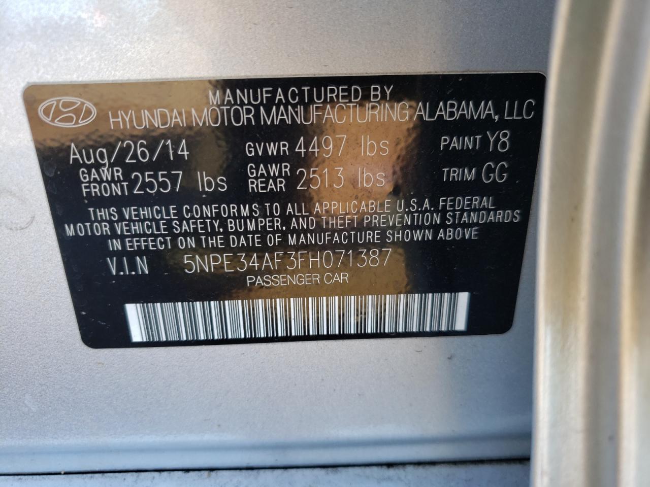 Photo 10 from auction – 2015 HYUNDAI SONATA SPO with VIN 5NPE34AF3FH071387