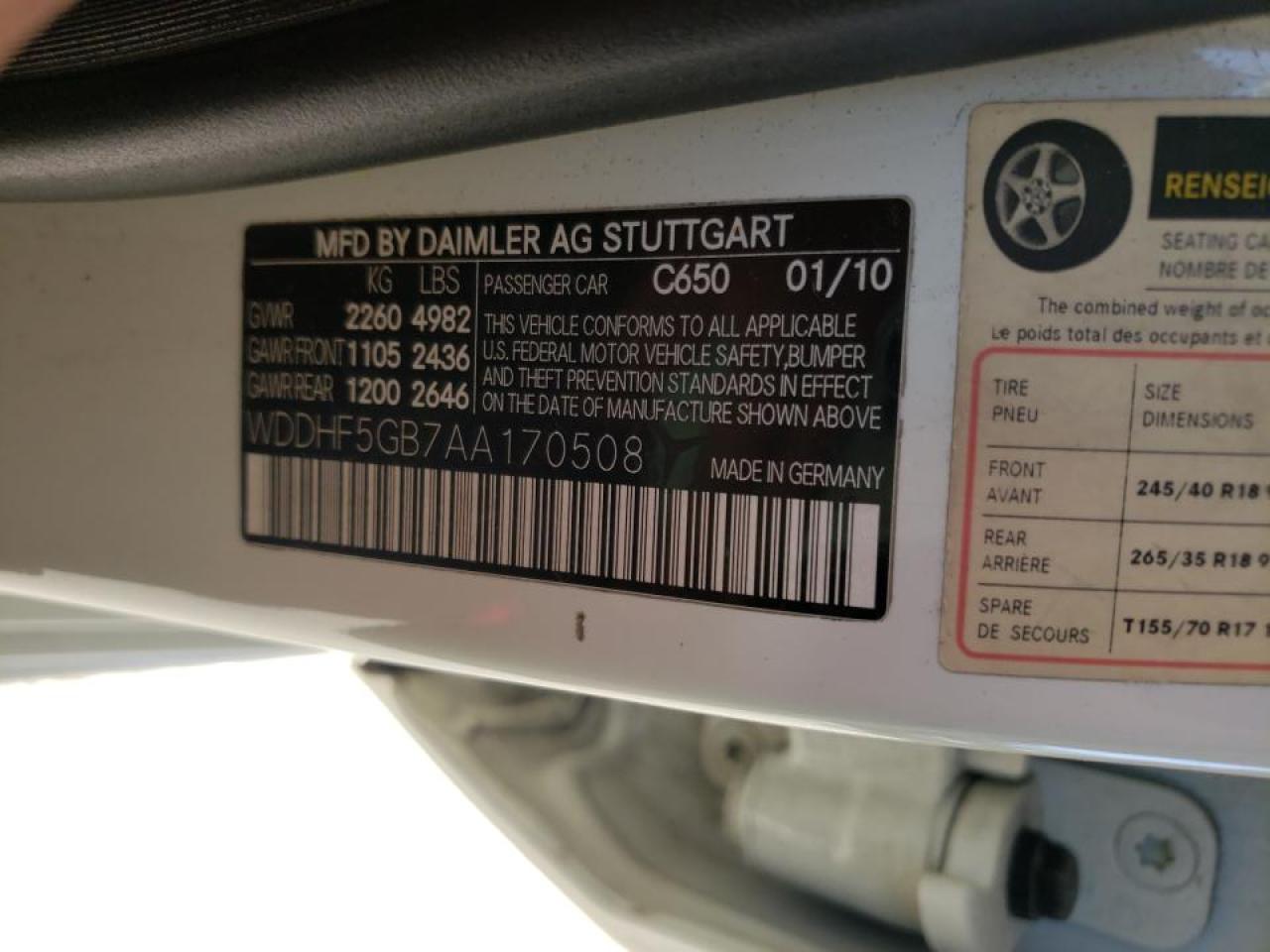 Photo 10 from auction – 2010 MERCEDES-BENZ E 350 with VIN WDDHF5GB7AA170508