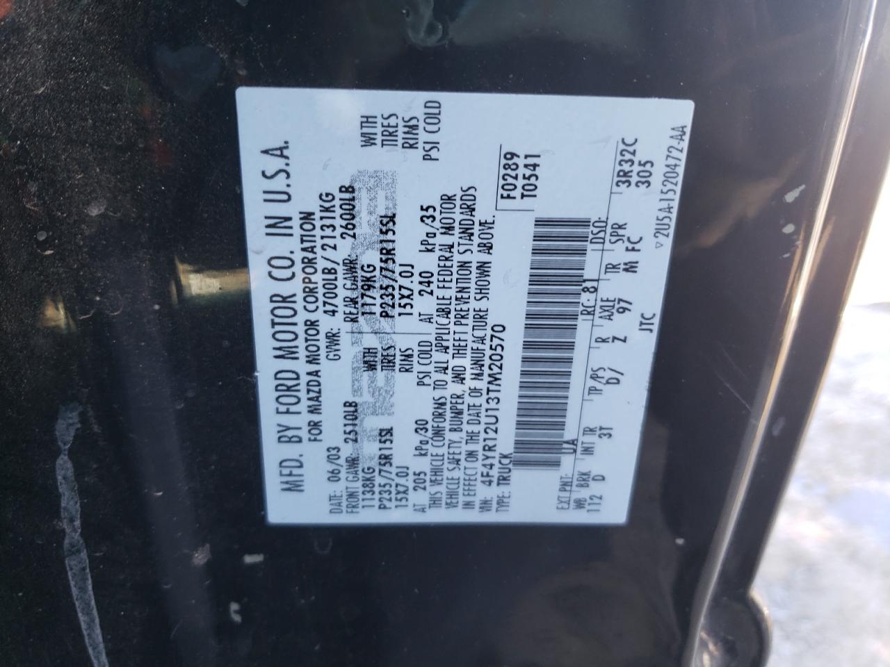 Photo 10 from auction – 2003 MAZDA B3000 with VIN 4F4YR12U13TM20570