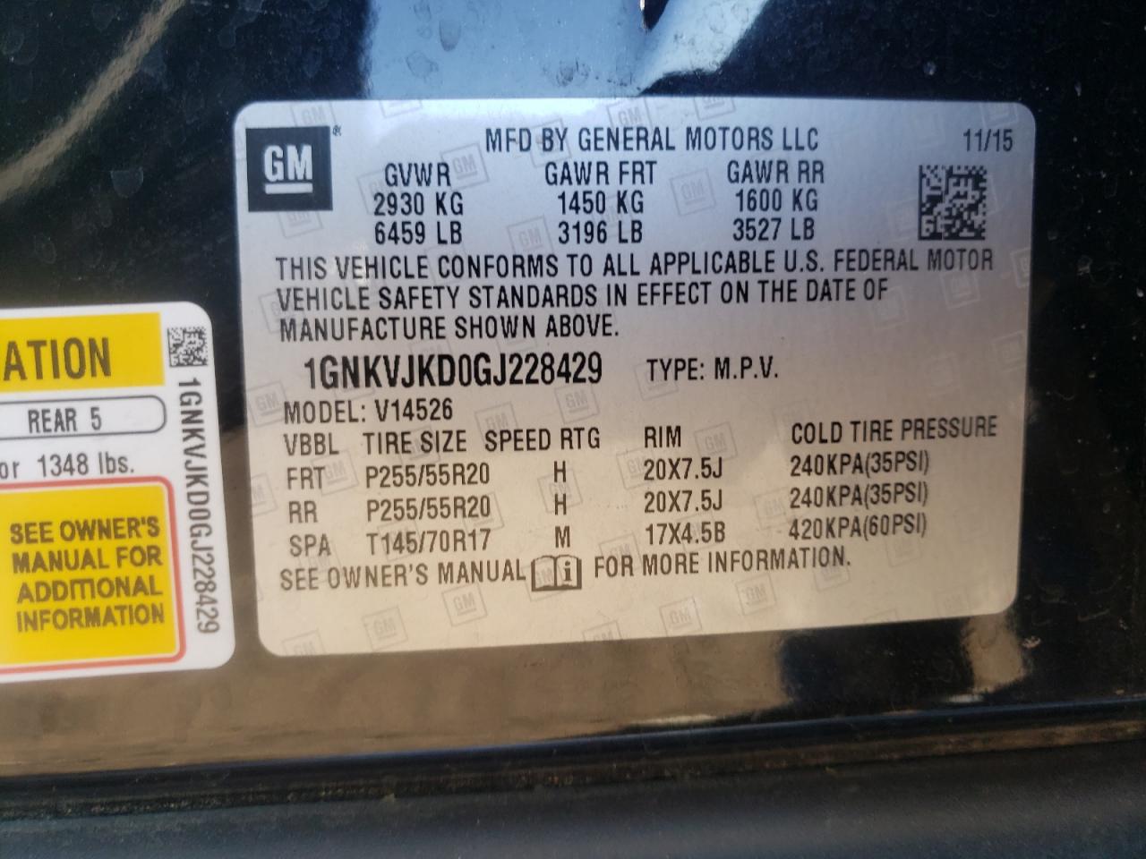Photo 10 from auction – 2016 CHEVROLET TRAVERSE L with VIN 1GNKVJKD0GJ228429
