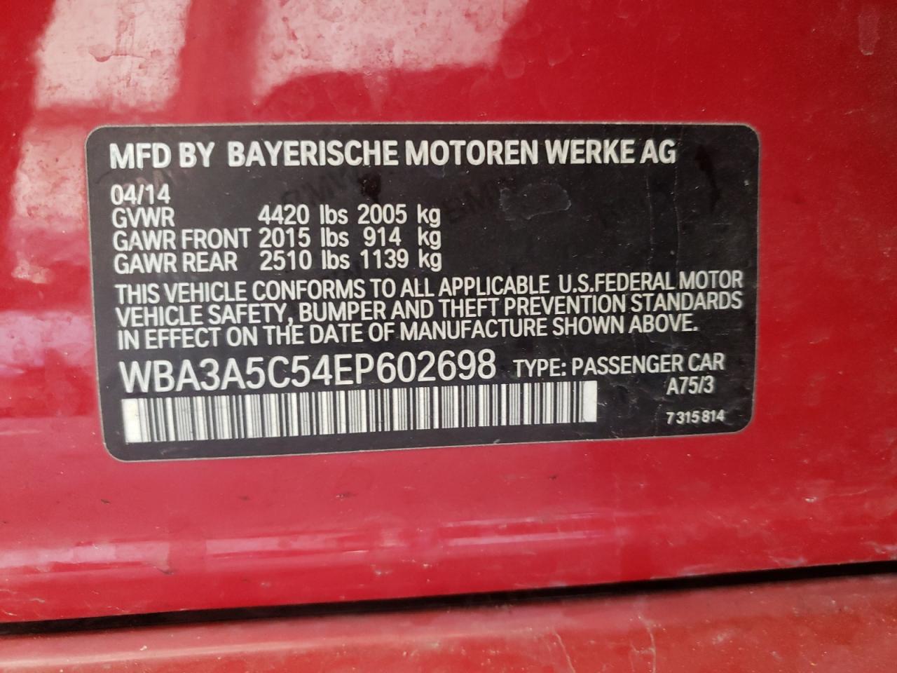 Photo 10 from auction – 2014 BMW 328 I with VIN WBA3A5C54EP602698