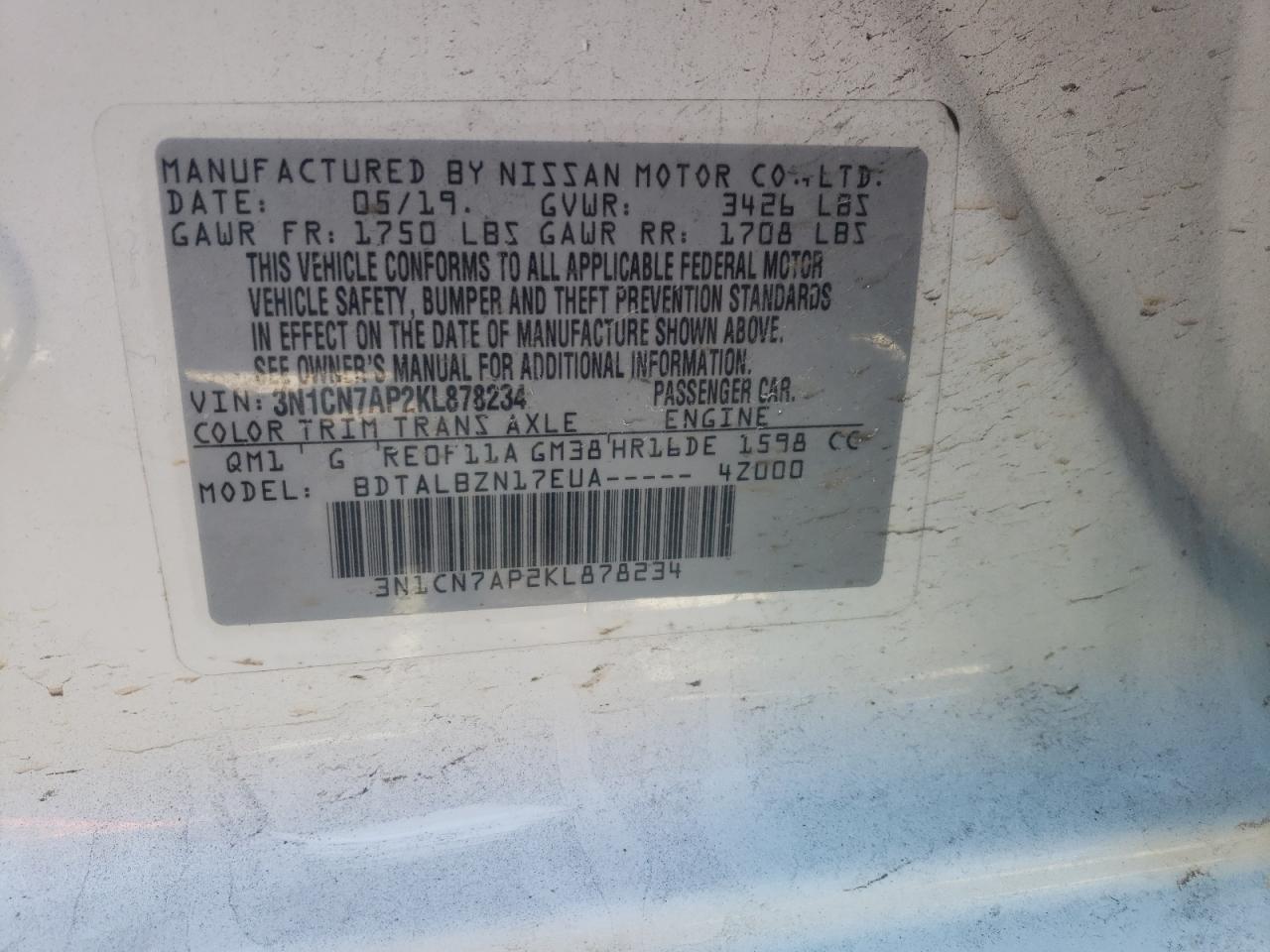 Photo 10 from auction – 2019 NISSAN VERSA S with VIN 3N1CN7AP2KL878234