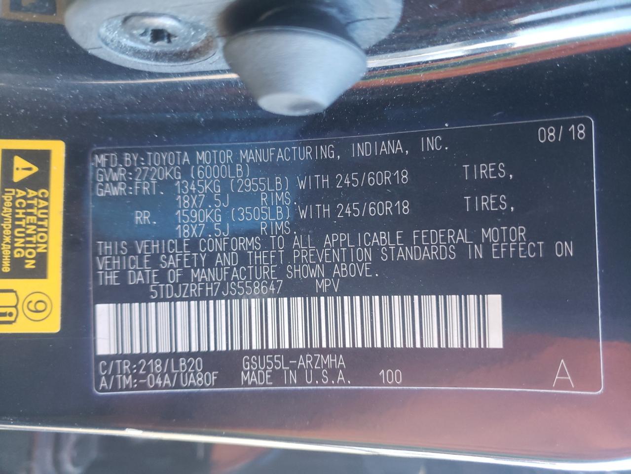 Фото 10 с аукциона – 2018 TOYOTA HIGHLANDER с VIN 5TDJZRFH7JS558647