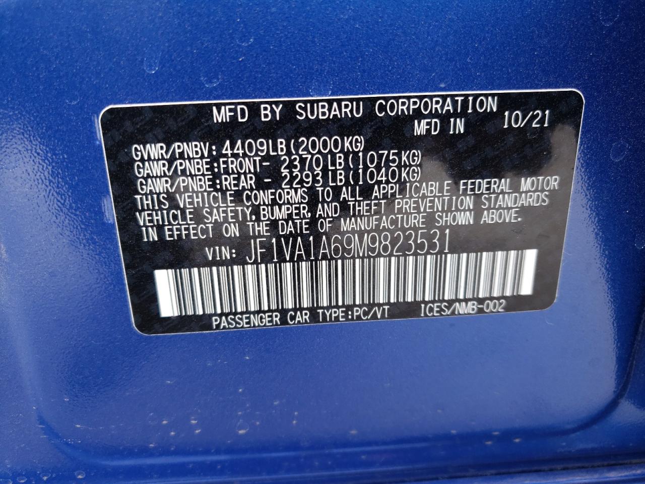 Photo 10 from auction – 2021 SUBARU WRX with VIN JF1VA1A69M9823531