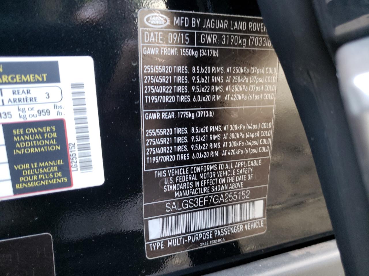 Photo 10 from auction – 2016 LAND ROVER RANGE ROVE with VIN SALGS3EF7GA255152