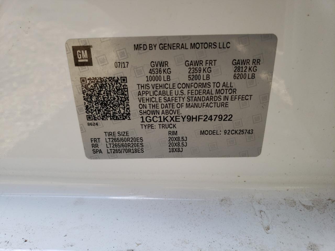 Photo 10 from auction – 2017 CHEVROLET SILVERADO with VIN 1GC1KXEY9HF247922