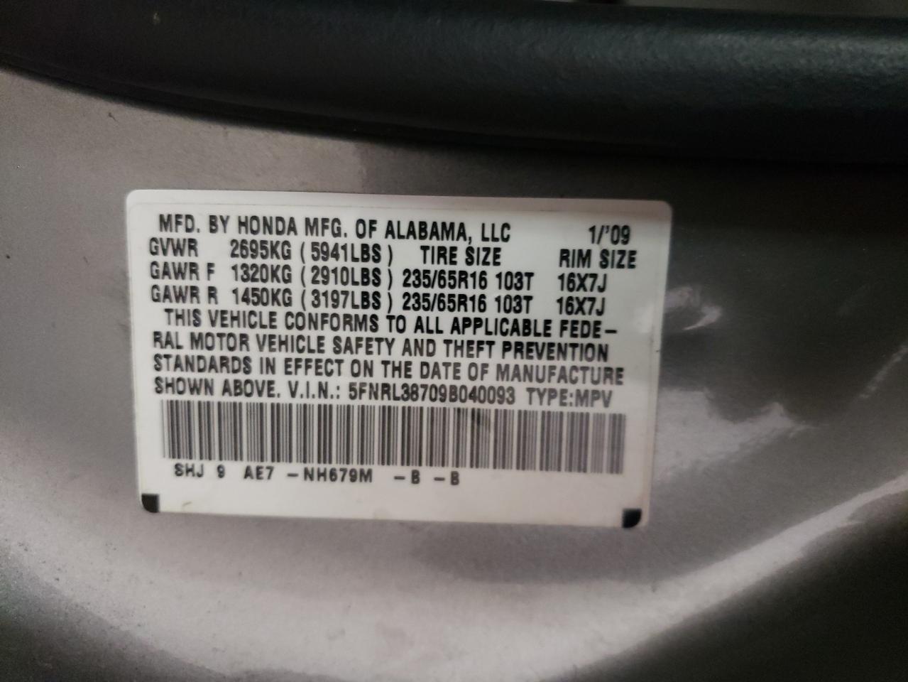 Photo 10 from auction – 2009 HONDA ODYSSEY EX with VIN 5FNRL38709B040093