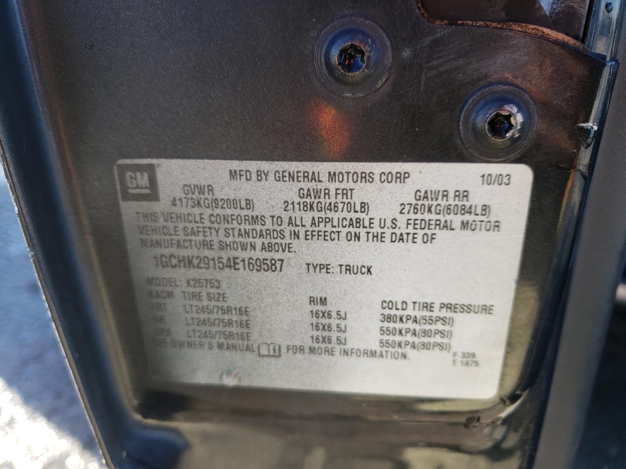 Photo 10 from auction – 2004 CHEVROLET SILVERADO with VIN 1GCHK29154E169587