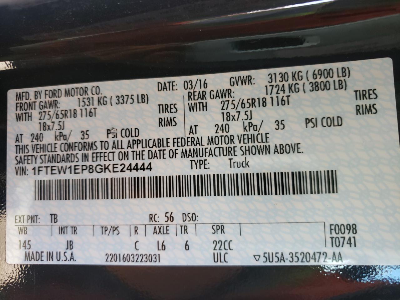 Photo 10 from auction – 2016 FORD F150 SUPER with VIN 1FTEW1EP8GKE24444
