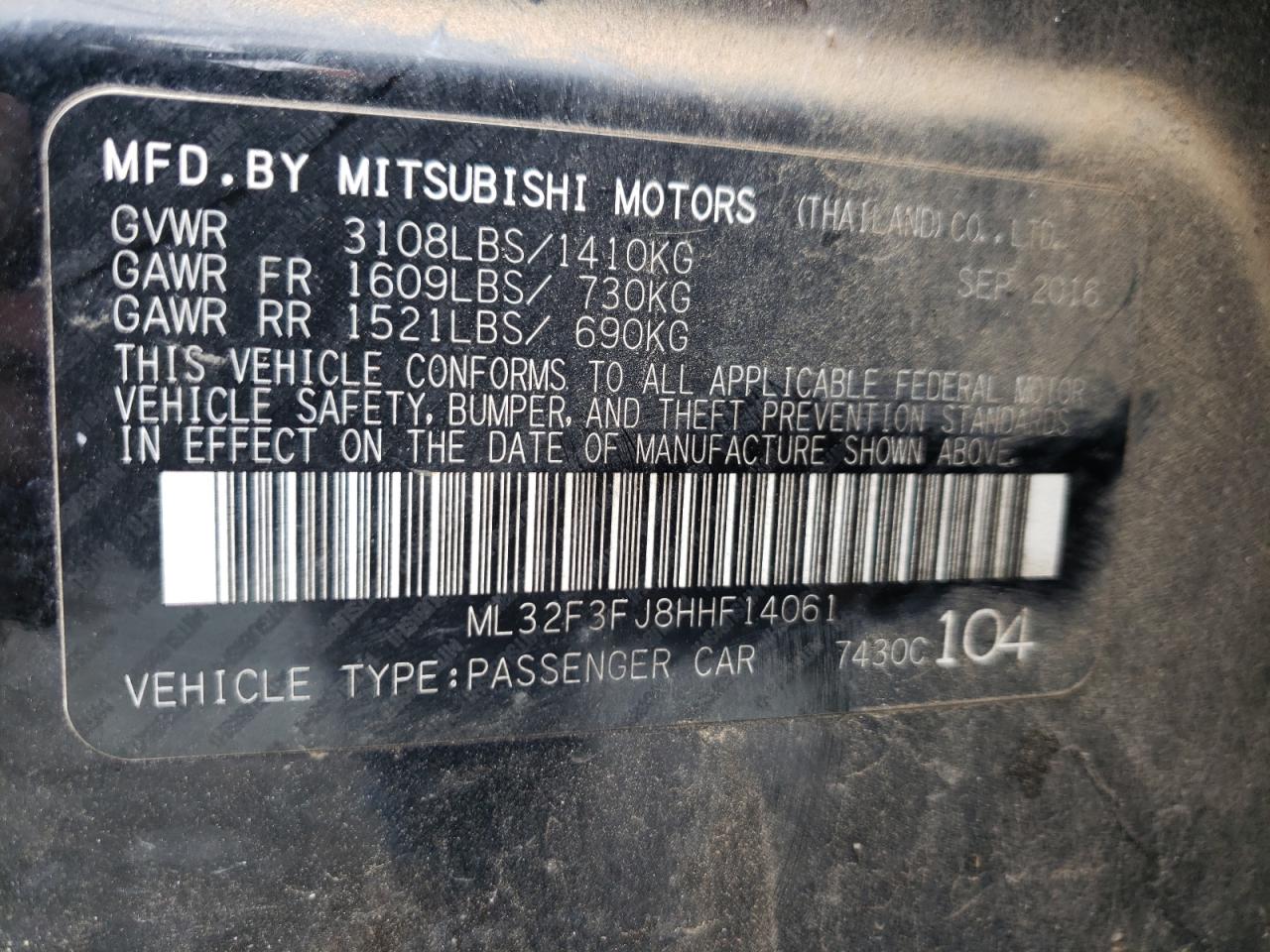 Photo 10 from auction – 2017 MITSUBISHI MIRAGE G4 with VIN ML32F3FJ8HHF14061