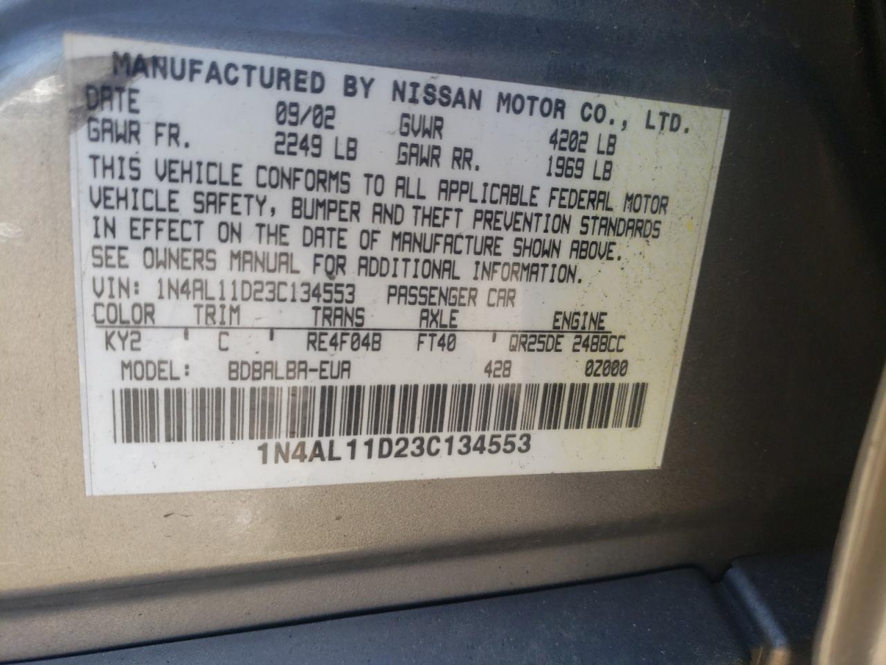 Photo 10 from auction – 2003 NISSAN ALTIMA BAS with VIN 1N4AL11D23C134553