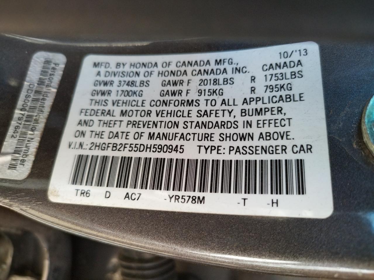 Photo 10 from auction – 2013 HONDA CIVIC LX with VIN 2HGFB2F55DH590945