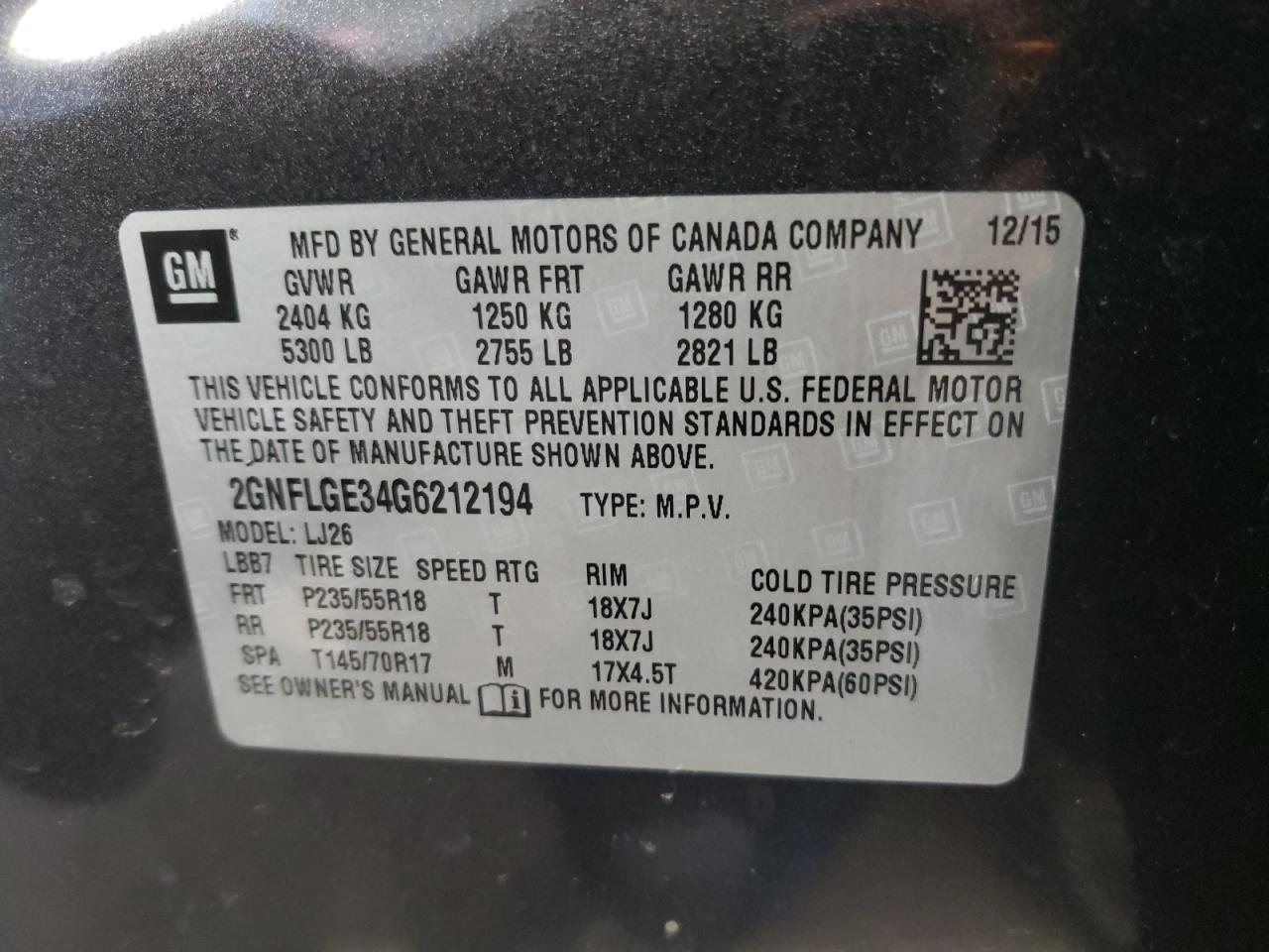 Photo 10 from auction – 2016 CHEVROLET EQUINOX LT with VIN 2GNFLGE34G6212194