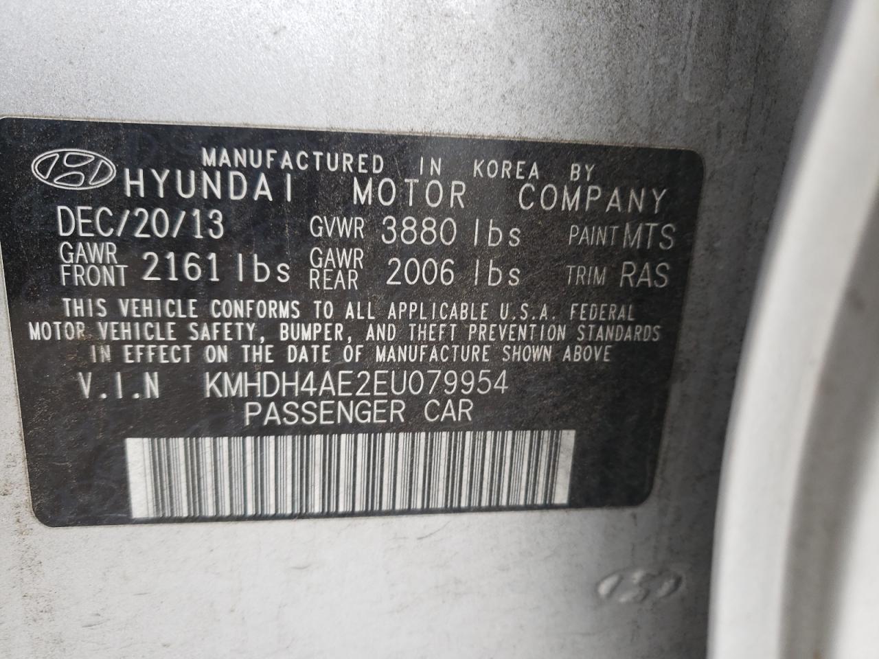 Photo 10 from auction – 2014 HYUNDAI ELANTRA SE with VIN KMHDH4AE2EU079954