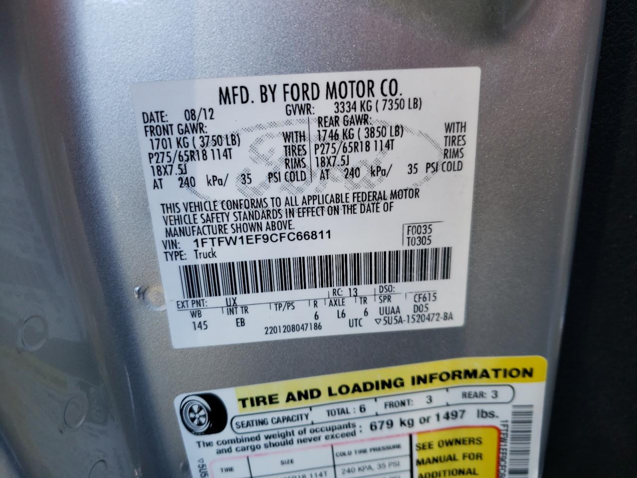 Photo 10 from auction – 2012 FORD F150 SUPER with VIN 1FTFW1EF9CFC66811