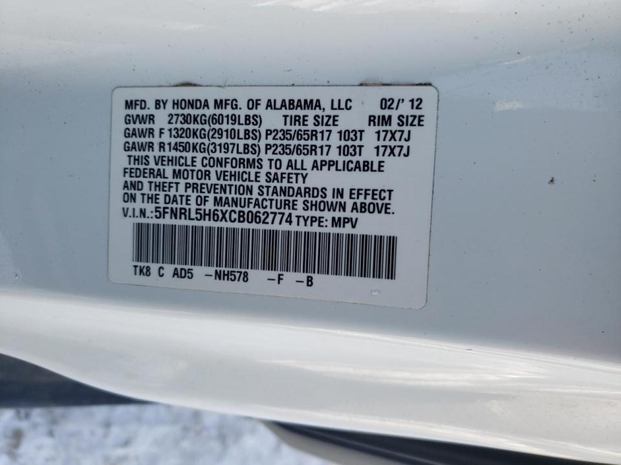 Photo 10 from auction – 2012 HONDA ODYSSEY EX with VIN 5FNRL5H6XCB062774