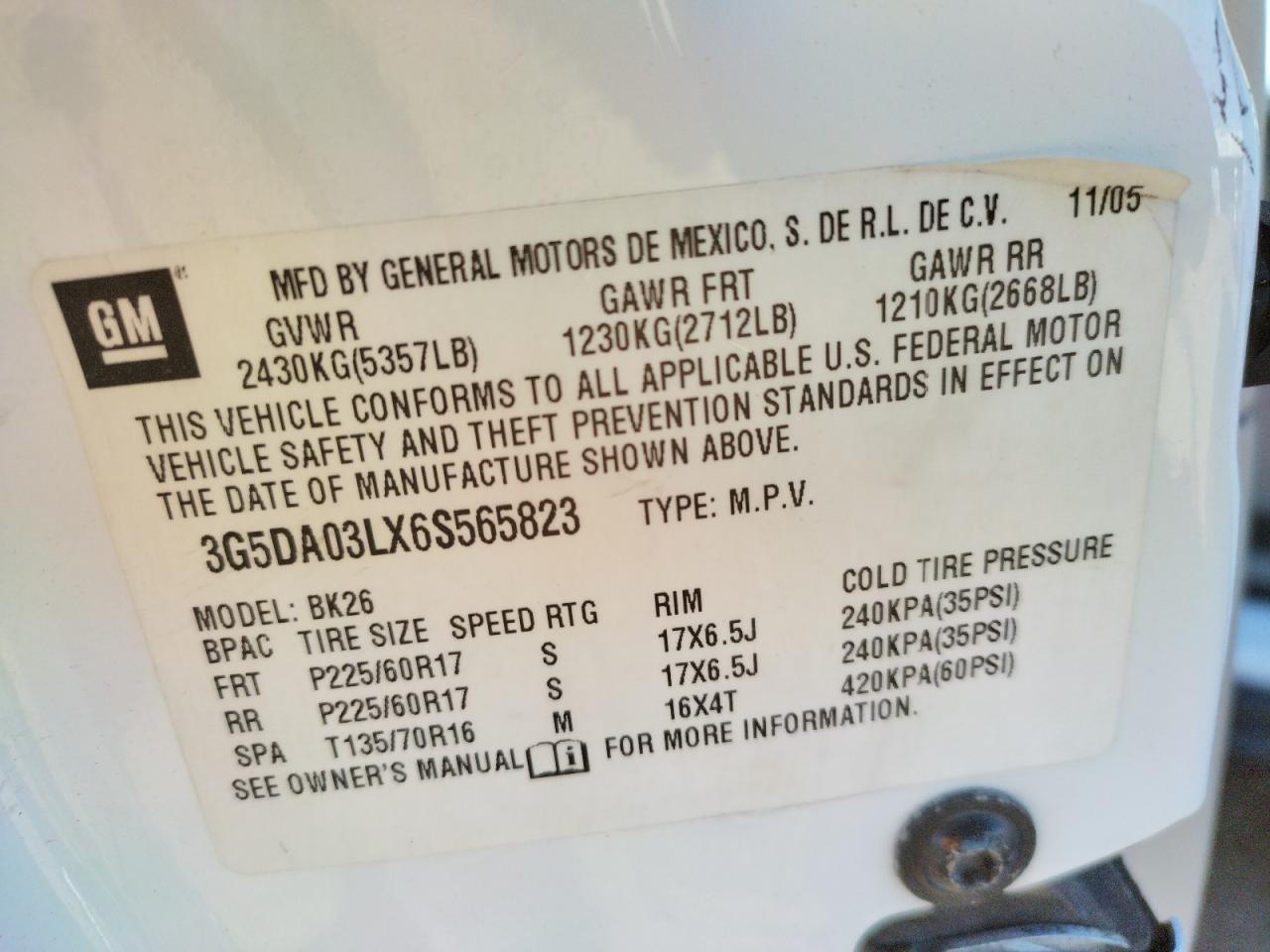Photo 10 from auction – 2006 BUICK RENDEZVOUS with VIN 3G5DA03LX6S565823