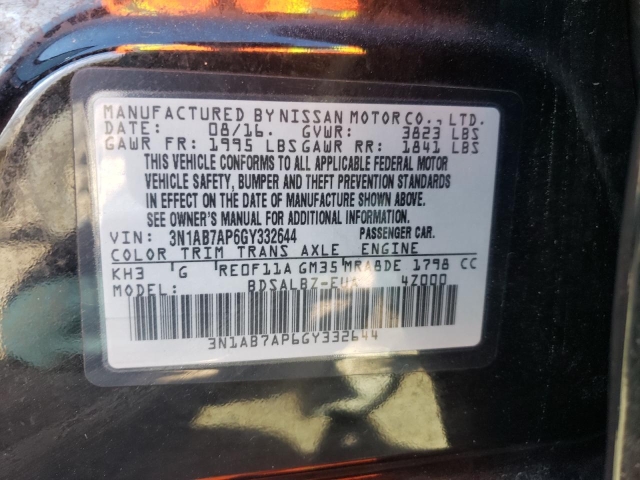 Photo 10 from auction – 2016 NISSAN SENTRA S with VIN 3N1AB7AP6GY332644