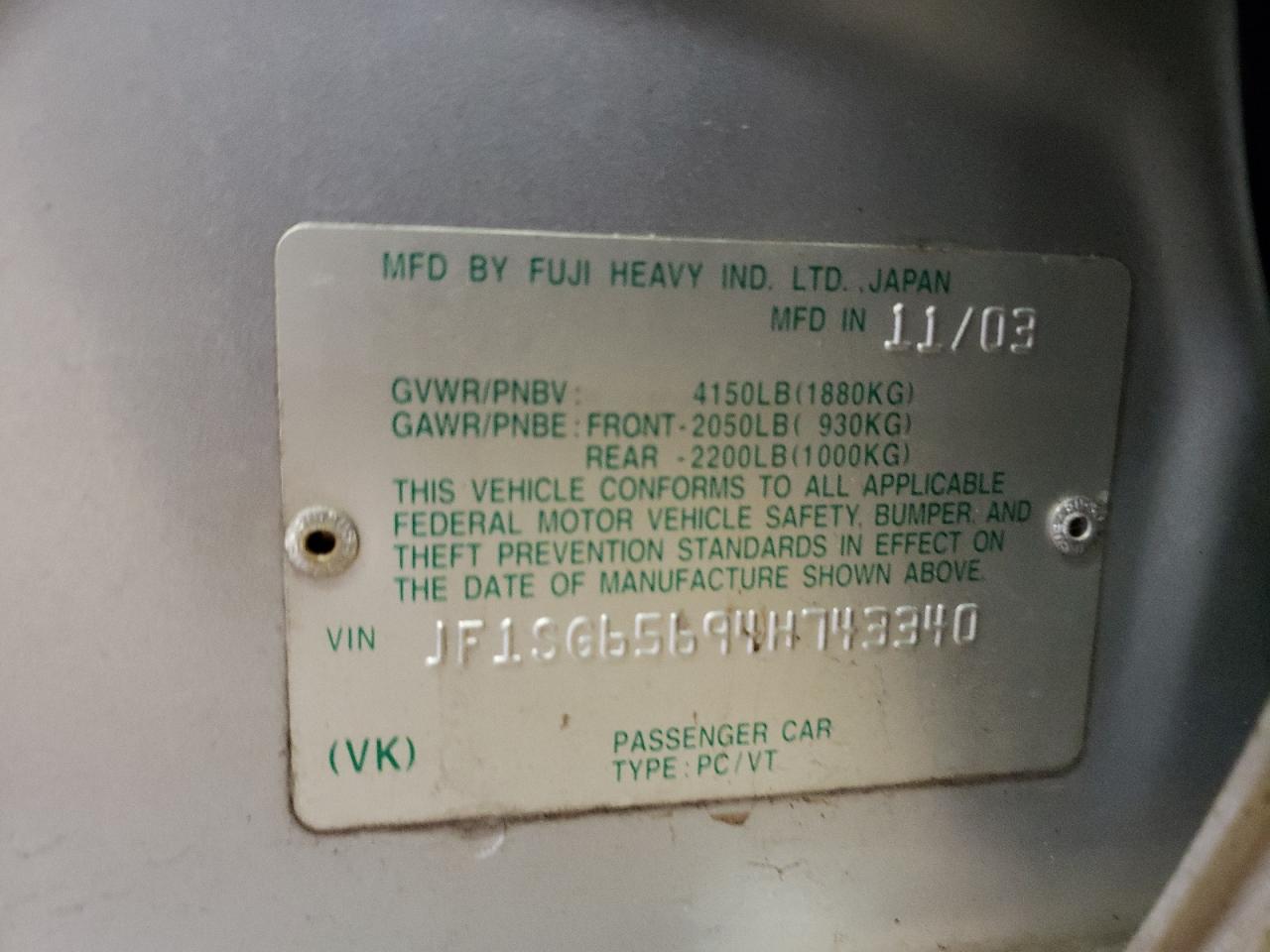 Photo 10 from auction – 2004 SUBARU FORESTER 2 with VIN JF1SG65694H743340