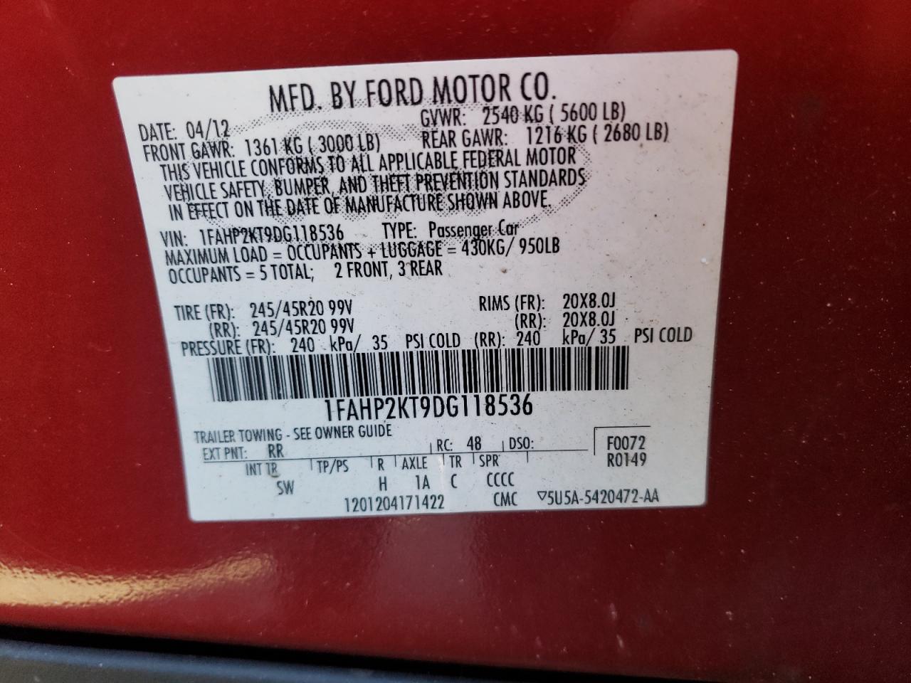 Photo 10 from auction – 2013 FORD TAURUS SHO with VIN 1FAHP2KT9DG118536