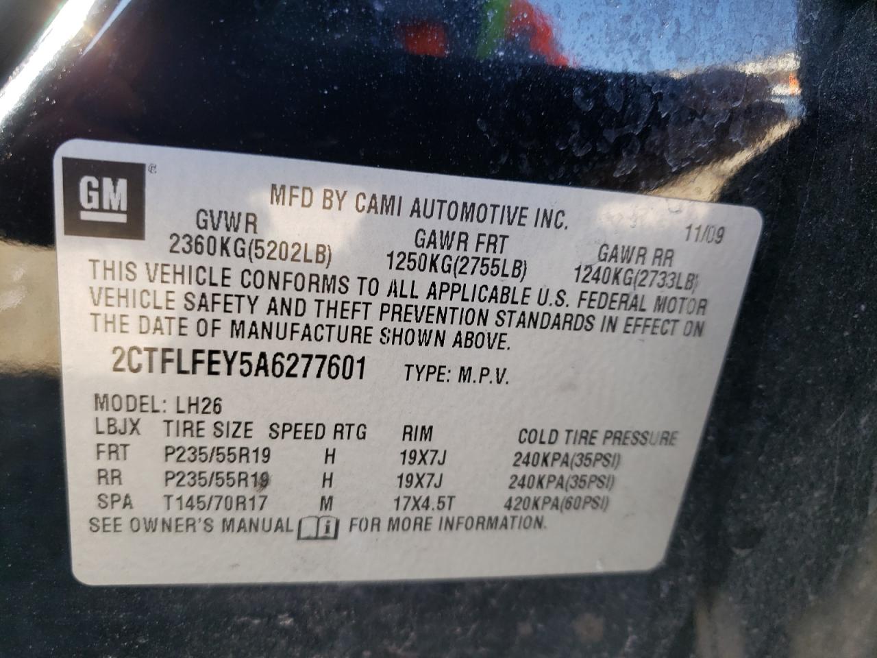 Photo 10 from auction – 2010 GMC TERRAIN SL with VIN 2CTFLFEY5A6277601
