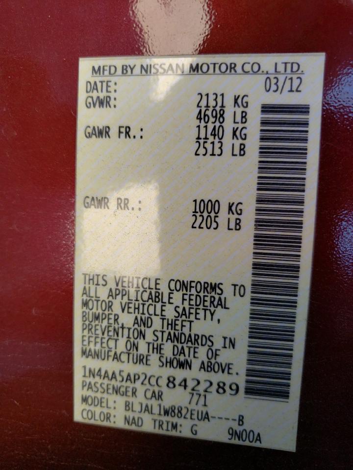 Photo 10 from auction – 2012 NISSAN MAXIMA S with VIN 1N4AA5AP2CC842289