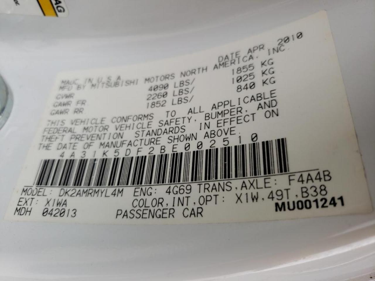 Photo 10 from auction – 2011 MITSUBISHI ECLIPSE GS with VIN 4A31K5DF2BE002510