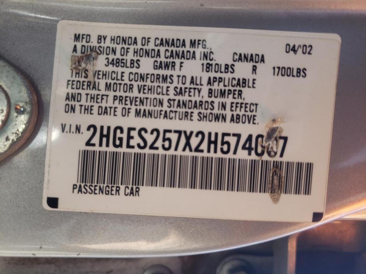 Photo 10 from auction – 2002 HONDA CIVIC EX with VIN 2HGES257X2H574087