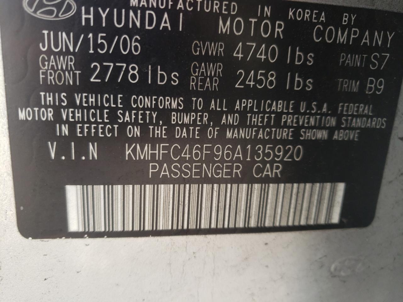 Photo 10 from auction – 2006 HYUNDAI AZERA SE with VIN KMHFC46F96A135920