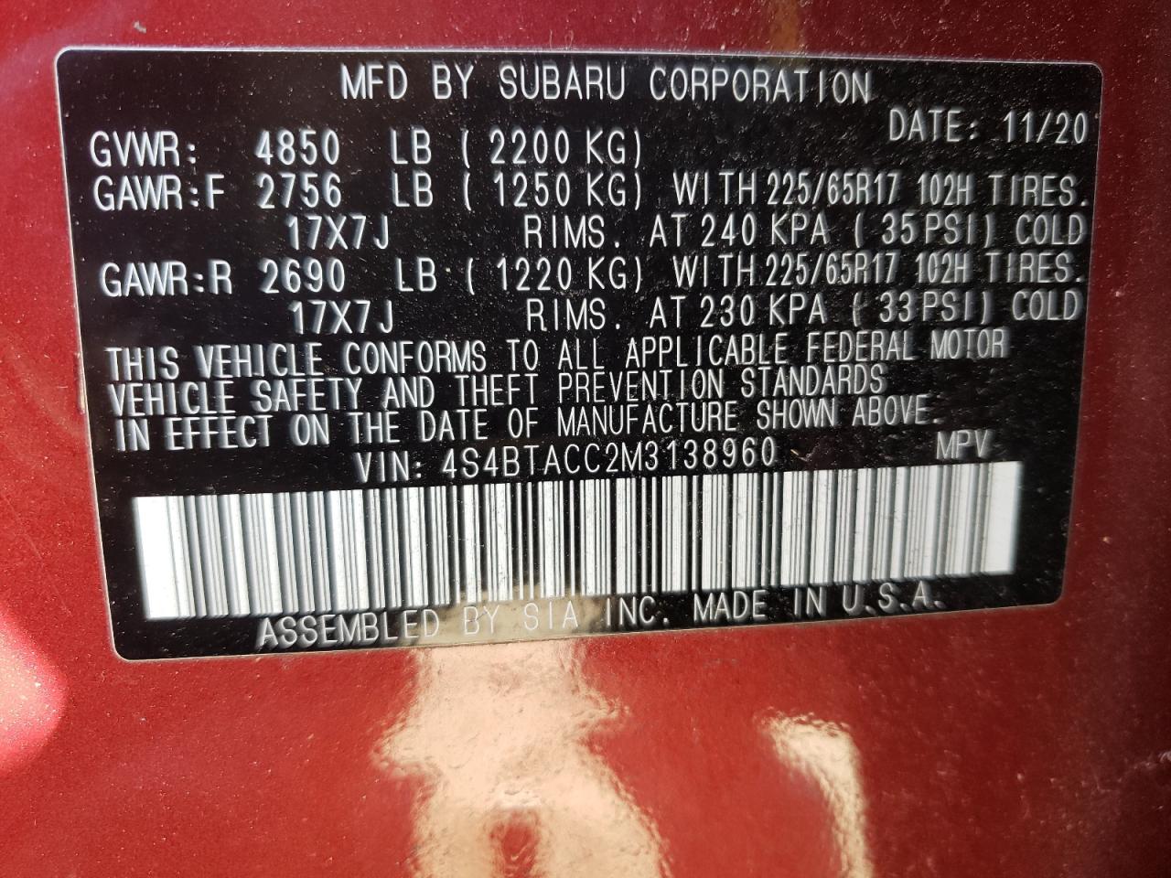 Photo 10 from auction – 2021 SUBARU OUTBACK PR with VIN 4S4BTACC2M3138960