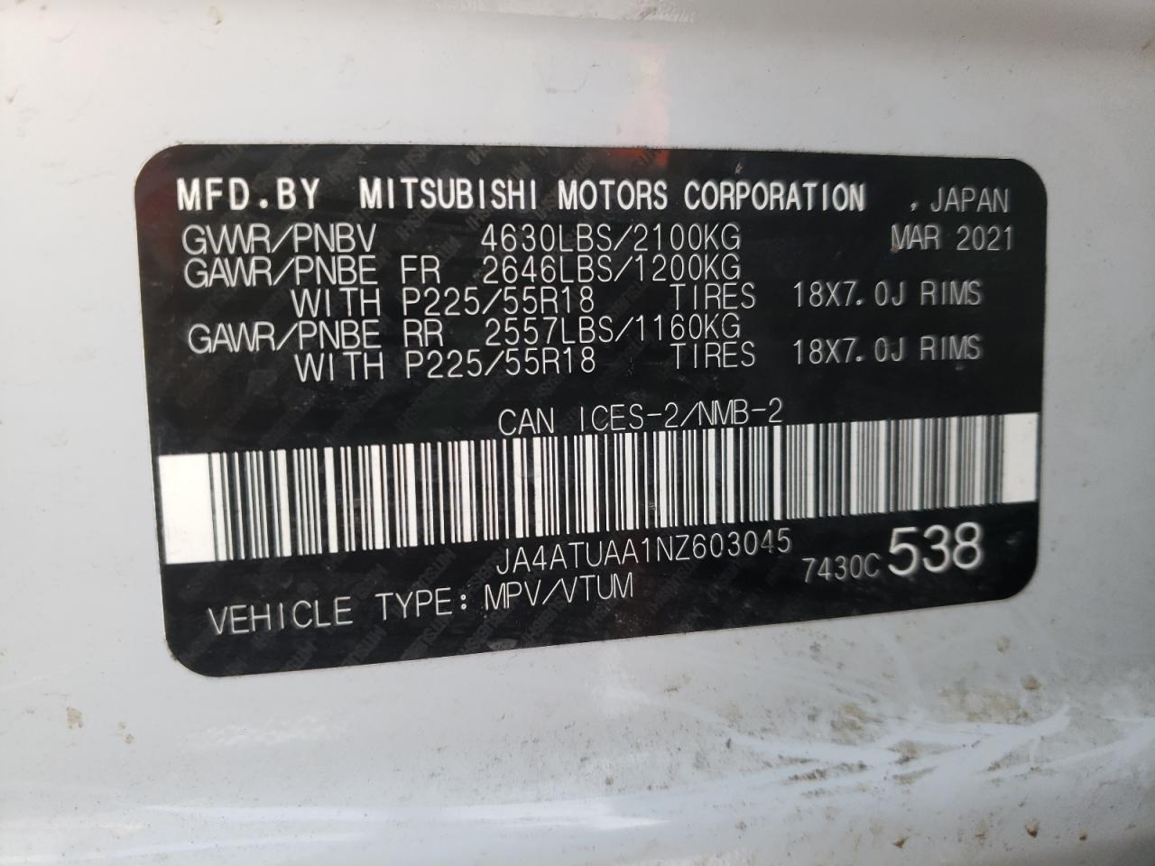 Photo 10 from auction – 2022 MITSUBISHI ECLIPSE CR with VIN JA4ATUAA1NZ603045