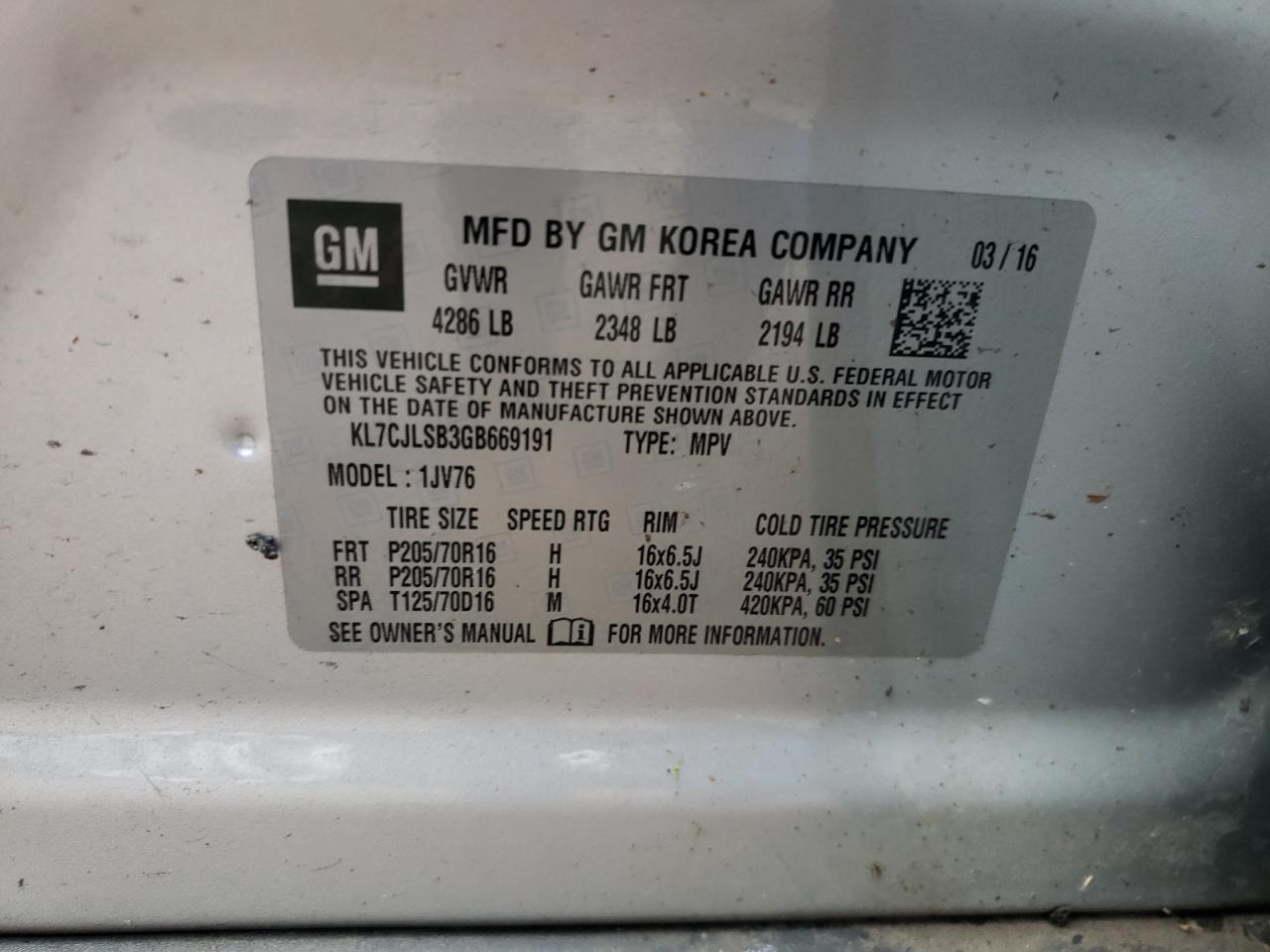 Photo 10 from auction – 2016 CHEVROLET TRAX 1LT with VIN KL7CJLSB3GB669191