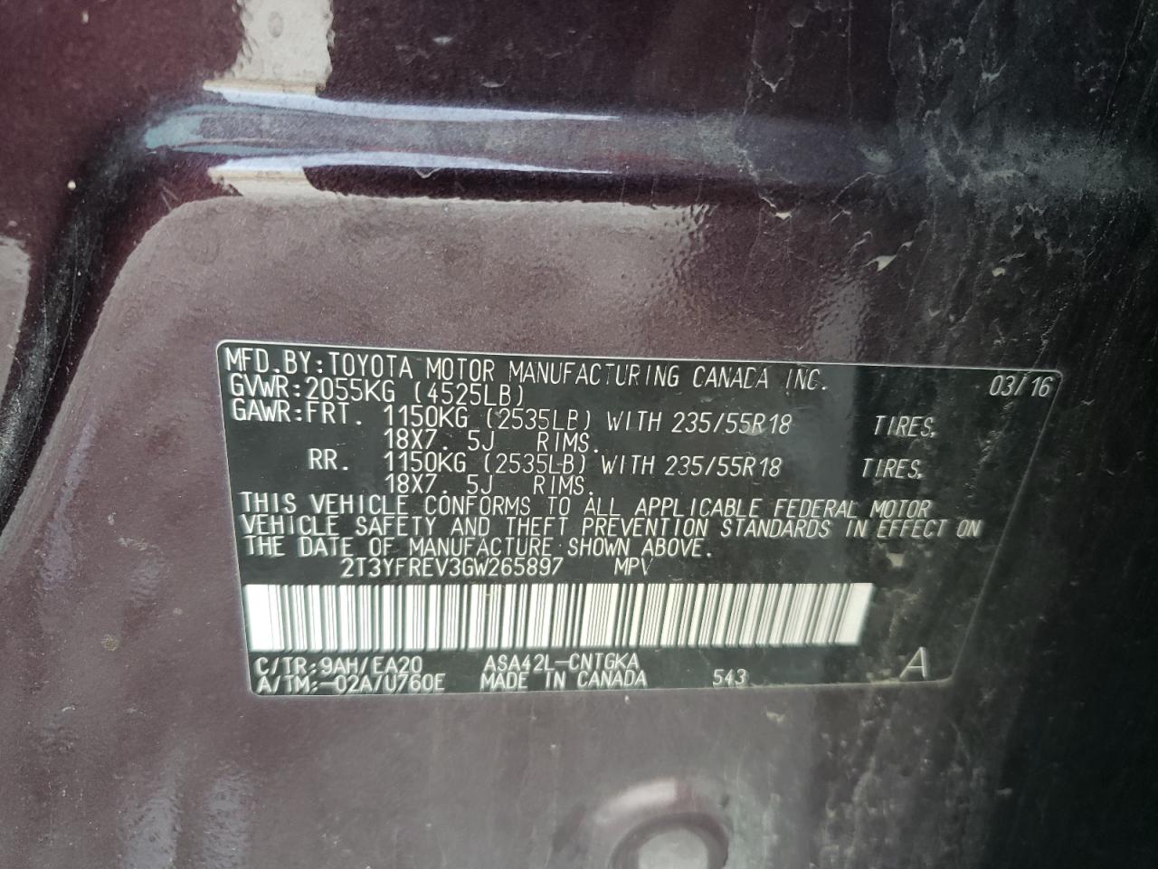 Photo 10 from auction – 2016 TOYOTA RAV4 LIMIT with VIN 2T3YFREV3GW265897